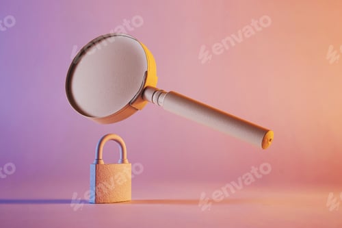 Preview: Close-up of a magnifying glass floating above a padlock