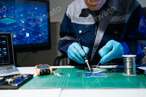 Preview: Professional technician soldering PCB circuit board with precision tools in electronics lab,