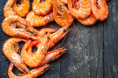 Preview: Shrimp Ready To Eat Boiled Seafood Menu Concept Serving Size. Food Background Top View Copy Space