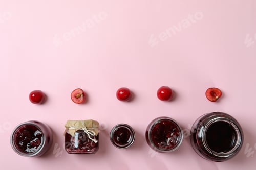 Preview: Cherry jam and ingredients on pink background