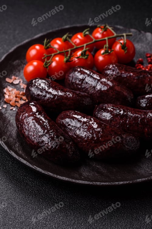Preview: Blood sausage, pudding, meat food with lard and spices. Blood sausage