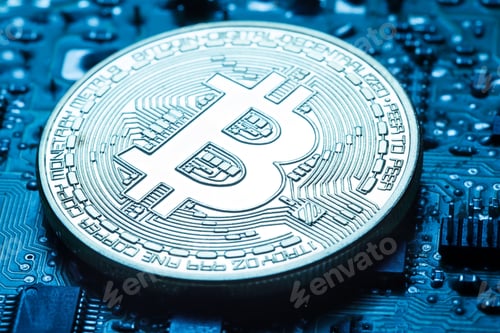 Preview: Virtual currency is the golden bitcoin on background of printed