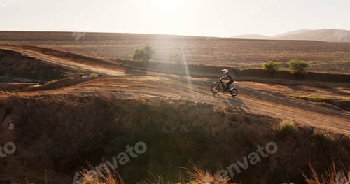 Preview: Driving, person and motorbike in desert of sports for cross country training, performance technique