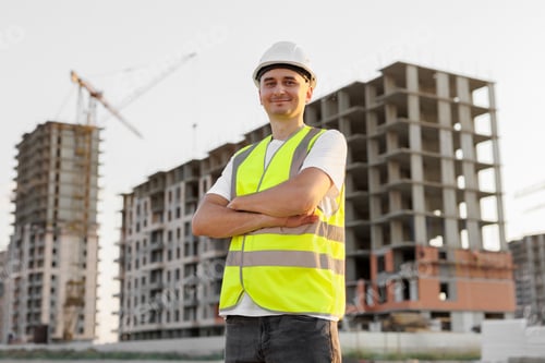 Preview: Architect working on a construction site in a protective helmet and vest.