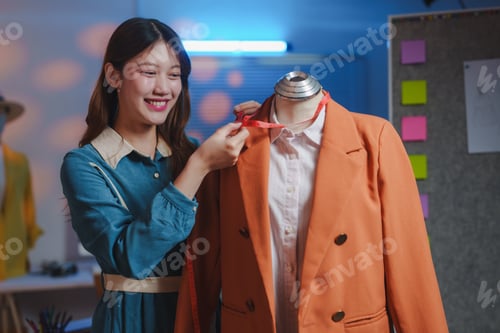 Preview: Fashion designer measuring clothes on mannequin in her workshop
