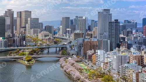 Preview: Aerial view of Osaka city from sky building. Bird eye view of cityscape at Japan