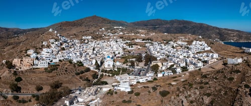 Preview: Ios island, Greece, Cyclades. Panoramic aerial drone view of Chora town
