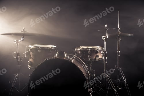 Preview: Drum Set On A Stage At Dark Background. Musical Drums Kit On Stage.
