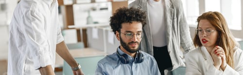 Preview: Busy coworkers cooperating and working together at office meeting, teamwork concept