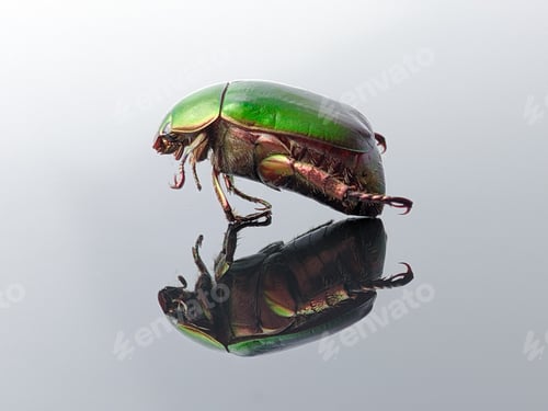 Preview: Closeup of a green beetle with reflection on a black acrylic board