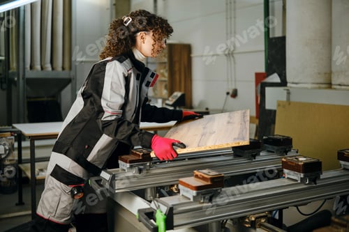 Preview: Woman works on wood in a carpentry workshop with tools and machinery in the background