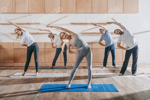 Preview: group of senior people stretching with instructor on mats in studio