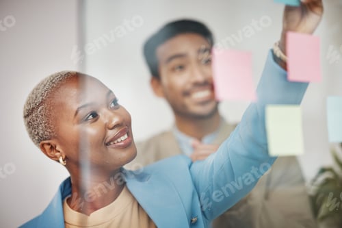 Preview: Writing, thinking and business people planning schedule, strategy or agenda, sticky note or teamwor