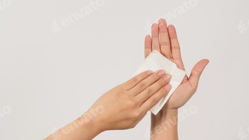 Preview: The hand is holding tissue paper and wipes on white background.