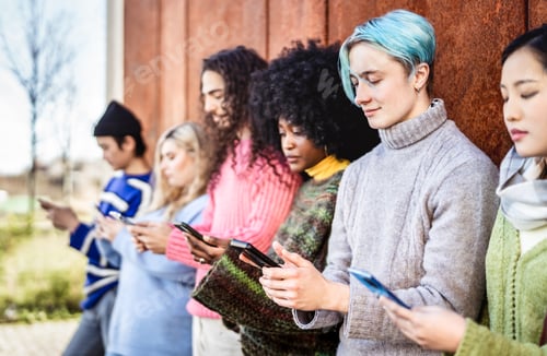 Preview: Diverse people group using smartphone at university college campus