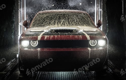 Preview: Car Enters Wash Station and Gets Cleaned With Soap and Water in the Evening