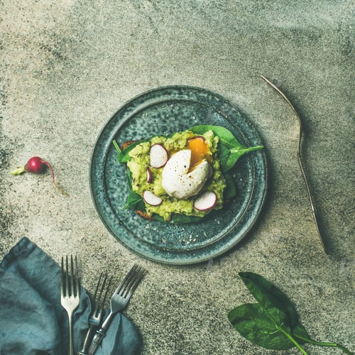 Preview: Healthy vegetarian wholegrain avocado toasts flat-lay, square crop