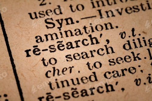 Preview: Close-up of an Opened Dictionary showing the Word RESEARCH