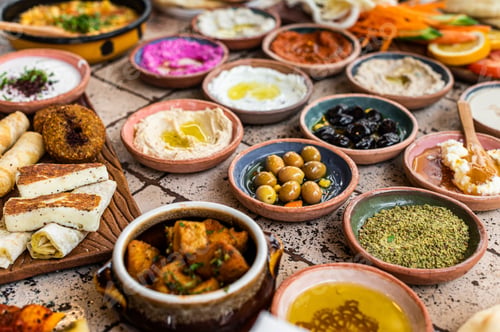 Preview: Turkish Village breakfast table served in a restaurant. Top view