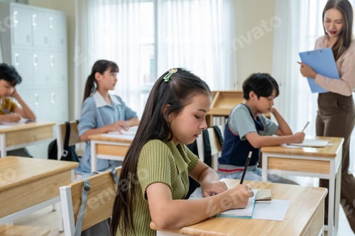 Preview: Group of students learning with teacher in classroom at elementary school.