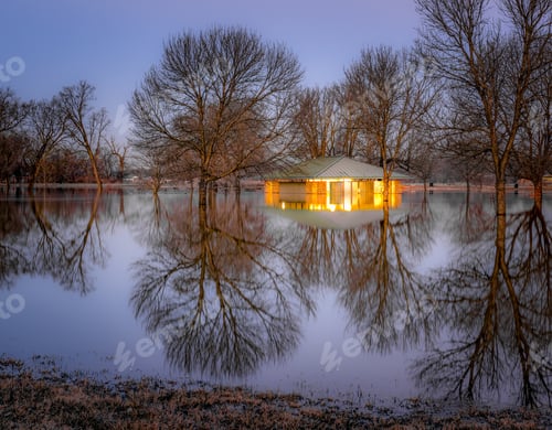 Preview: Flooded river park with reflections in the water