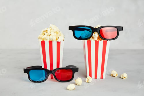 Preview: Popcorn, 3D glasses for cinema time on grey background