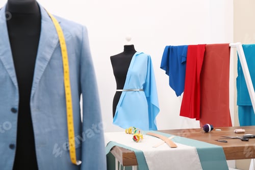 Preview: Mannequin with blue cloth in tailor studio