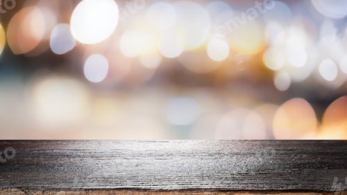 Preview: Empty wooden table bokeh lights backdrop.