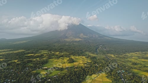 Preview: Volcano eruption at green tropical valley aerial. Mayon mount at amazing nobody nature landscape