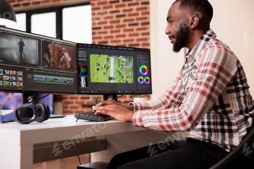 Preview: Male digital creator editing video montage