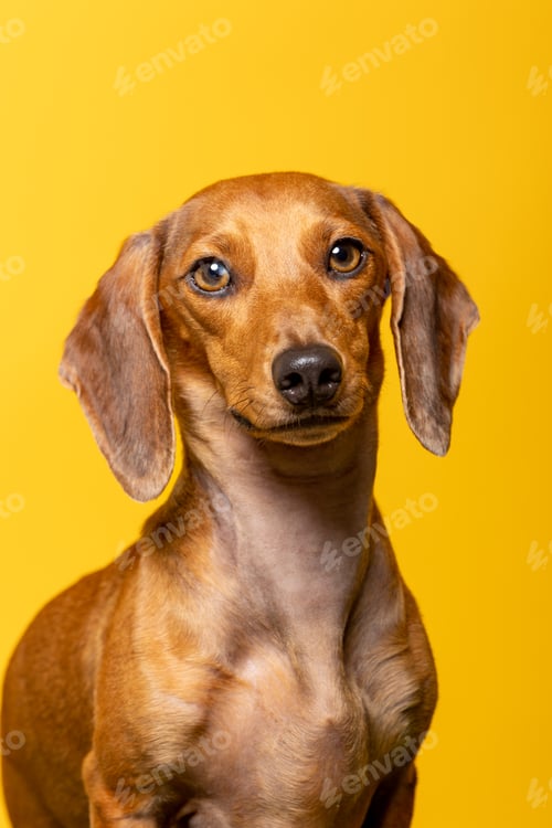 Preview: Studio portrait of a dachshund on yellow background