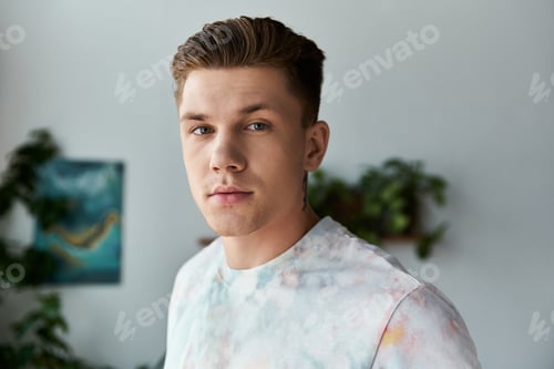 Preview: Young man with prosthetic leg confidently poses in modern indoor space surrounded by greenery