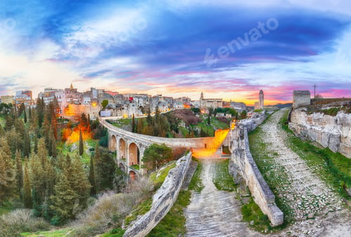 Preview: Gravina in Puglia ancient town, bridge and canyon at sunrise