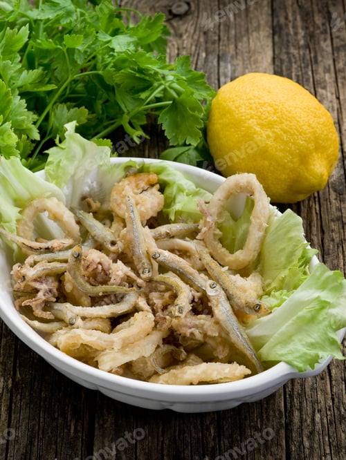 Preview: fried fish squid and shrimp with green salad