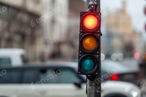 Preview: traffic light on the street junction with beautiful bokeh, city with cars in the background