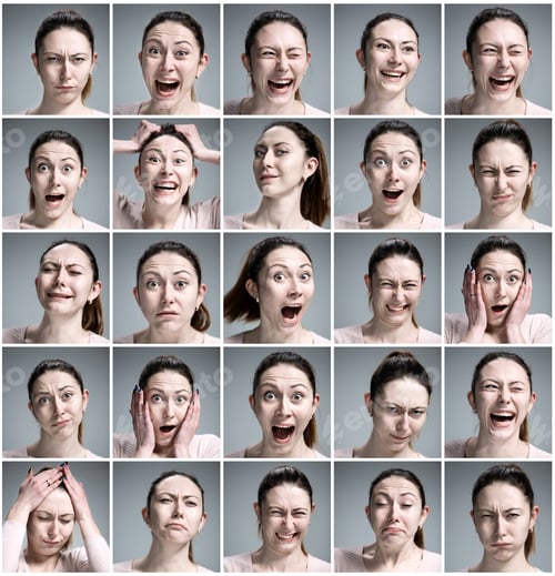 Preview: 33Set of young woman's portraits with different emotions on gray background2