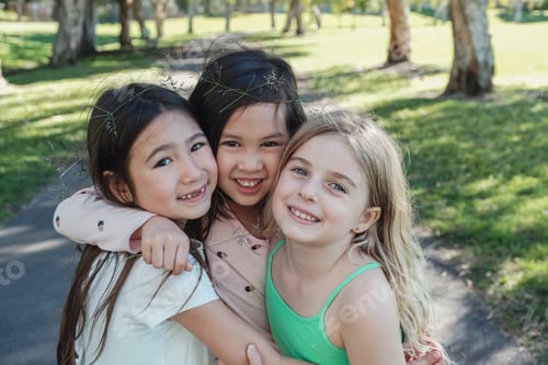 Preview: Happy mixed young girls hugging and smiling in the park, positive friendship concept