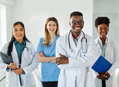 Preview: doctor woman portrait hospital team man nurse medical health medicine diversity unity multiracial