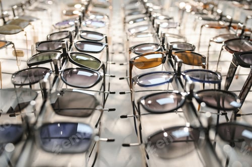 Preview: Sunglasses on display shelves in glasses store.