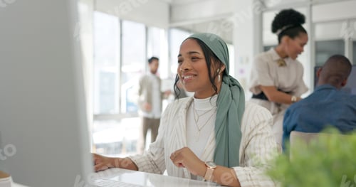 Preview: Creative, black woman and planning on computer for idea, vision and checking in office. Goal, busin