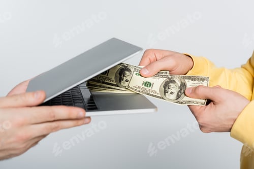 Preview: cropped view of gambler holding dollars near laptop isolated on grey