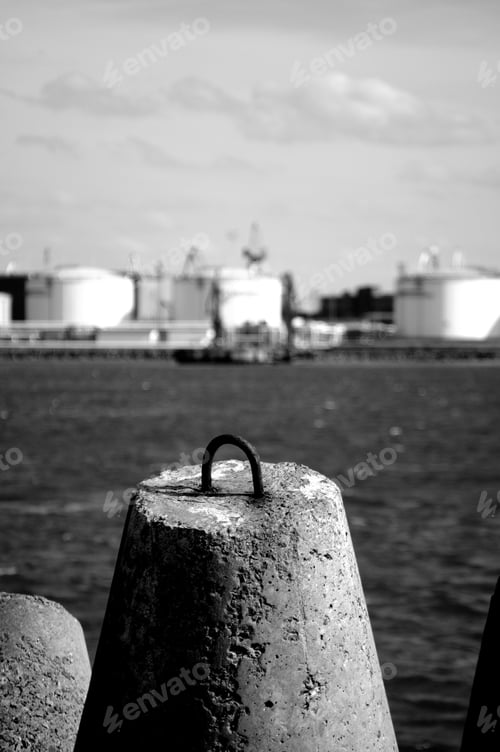 Preview: Grayscale shot of an old breakwater on the sea with factories in the blurry background