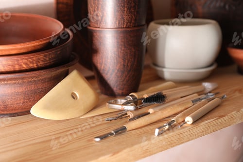 Preview: Set of different crafting tools and clay dishes on wooden table in workshop, closeup