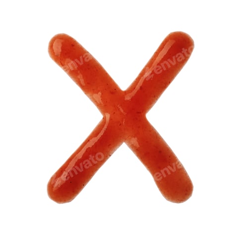 Preview: Letter X written with red sauce on white background