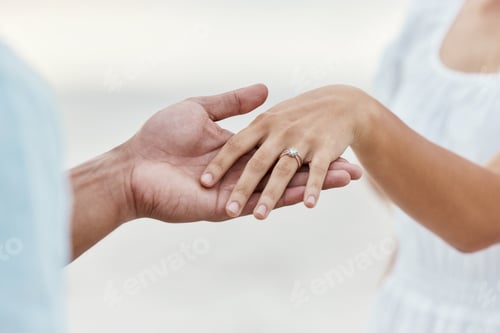 Preview: Engagement proposal, couple hand and marriage ring on vacation at beach, travel wedding and love ce