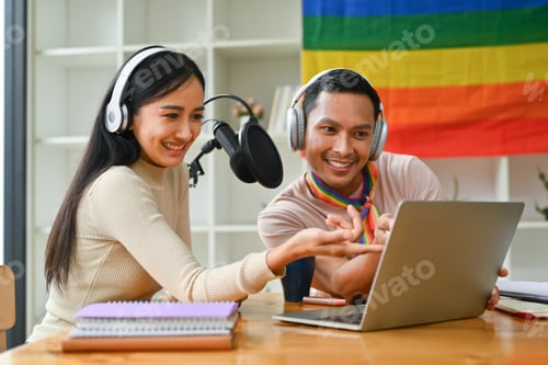Preview: Positive gay male podcaster recording conversation for channel LGBT.