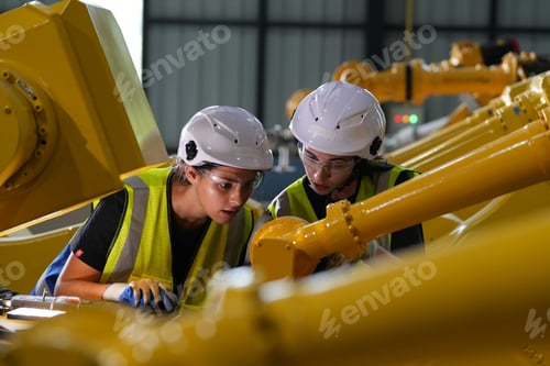 Preview: Robotics engineer working on maintenance of robotic arm in factory warehouse. Business technology.