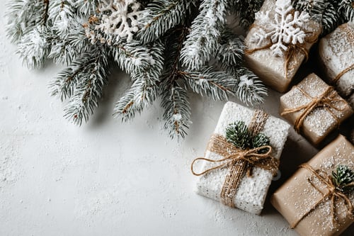 Preview: christmas gift flat lay-Holiday Gifts with Snowy Pine Branch