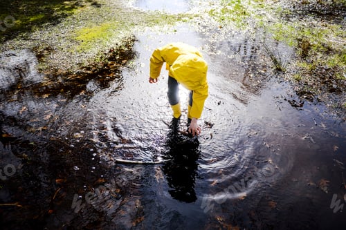 Preview: Boy in yellow anorak bending forward in park puddle