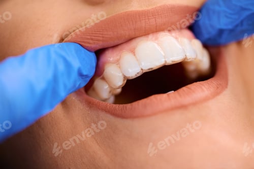 Preview: Close up of woman getting dental aligner on her teeth at dentist's.
